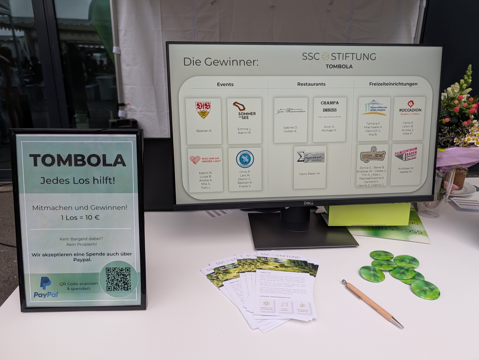 Gewinnertafel der SSC-Stiftung-Tombola mit den Preisen von Events über Restaurants bis Freizeiteinrichtungen